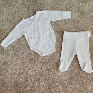 Purebaby Baby Kimono Pointelle Knit Bodysuit & Footed Pants Set Size 0 - 3 Mths